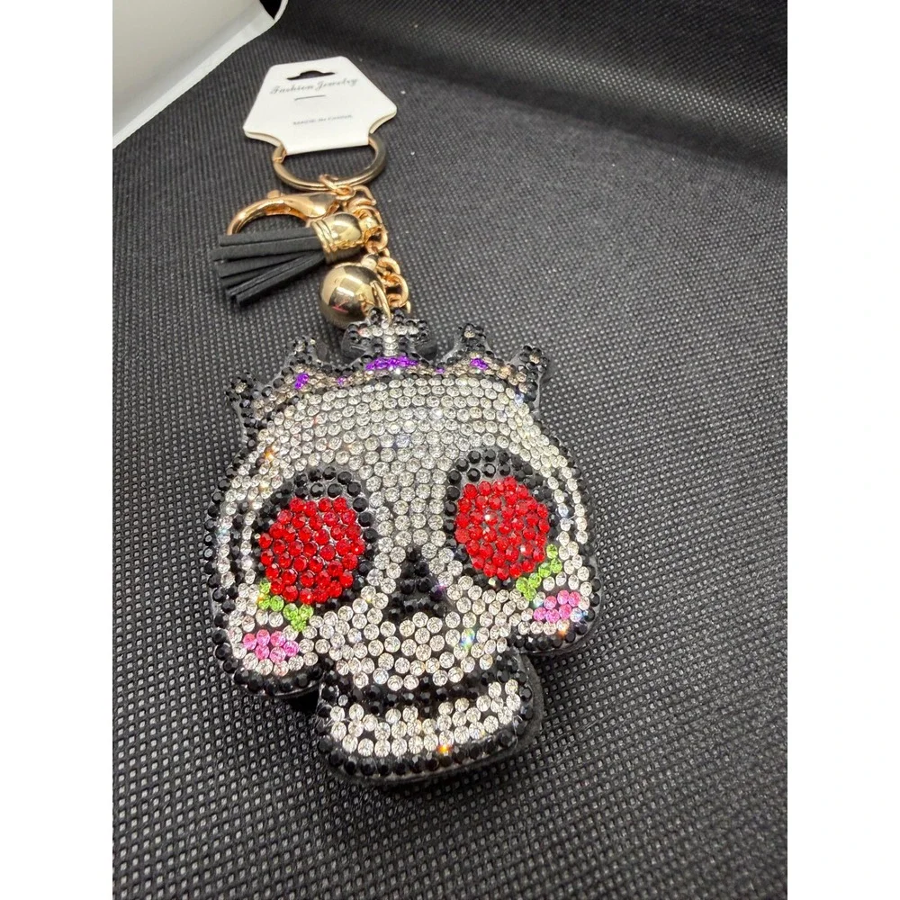 Rhinestone Sugar Skull Keychain Crown Tassel Gold Tone Bag Charm Day of the Dead